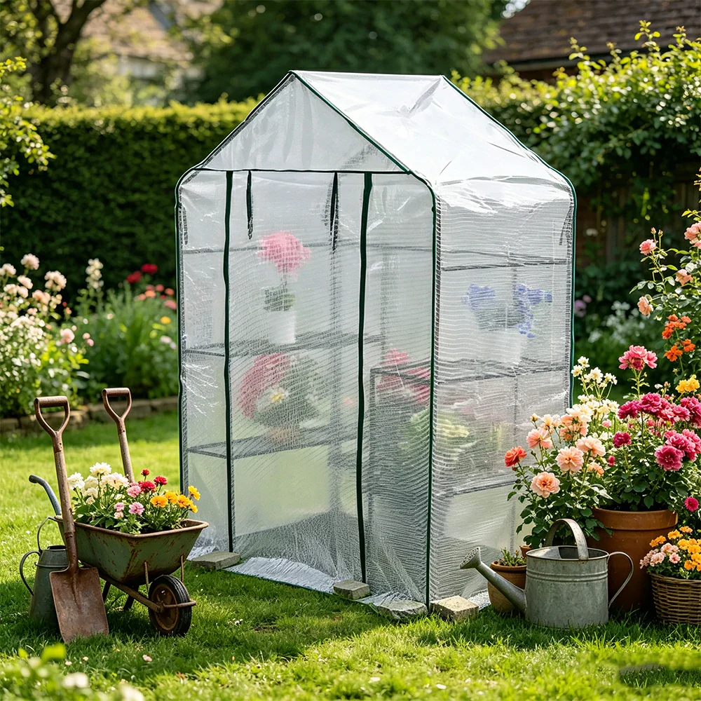 SOLARA Mini Walk-in Greenhouse Single Tier White Cover Breathable Mesh Roll-Up Door Compact Design for Balcony Garden - Image 4