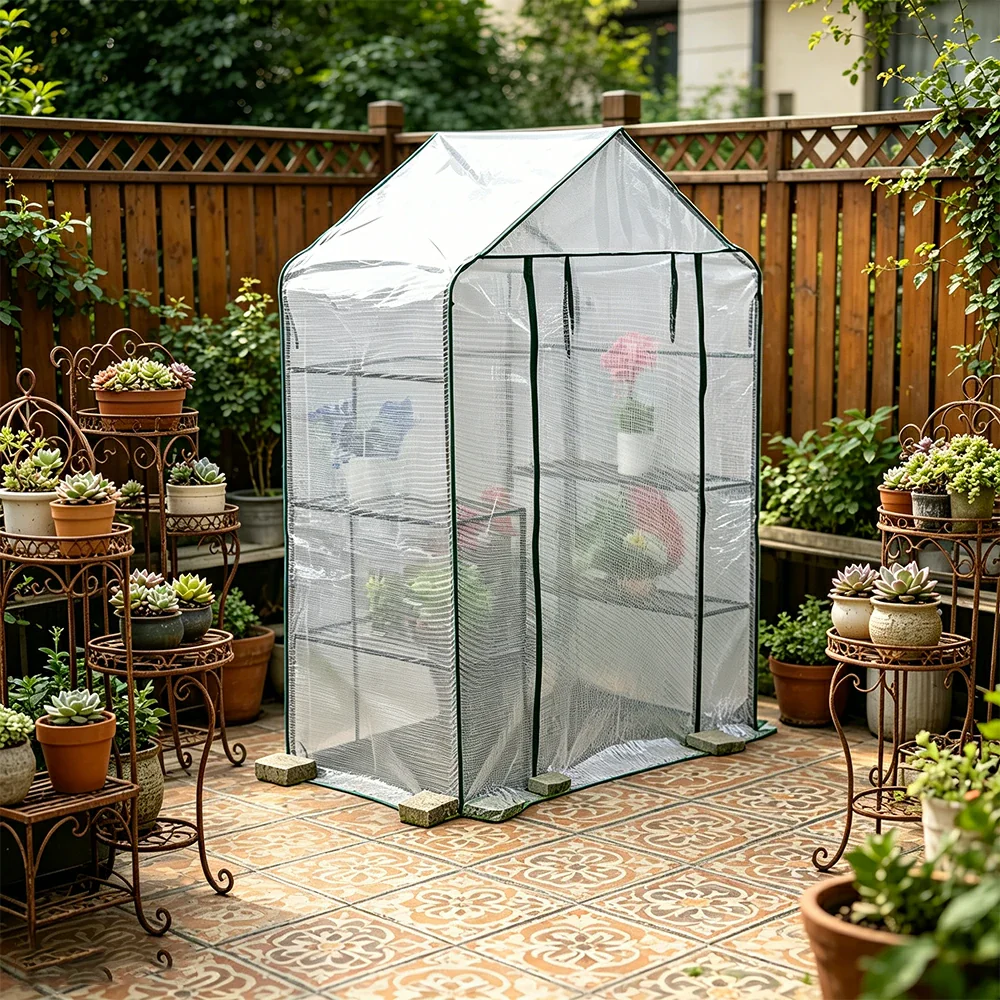 SOLARA Mini Walk-in Greenhouse Single Tier White Cover Breathable Mesh Roll-Up Door Compact Design for Balcony Garden - Image 5
