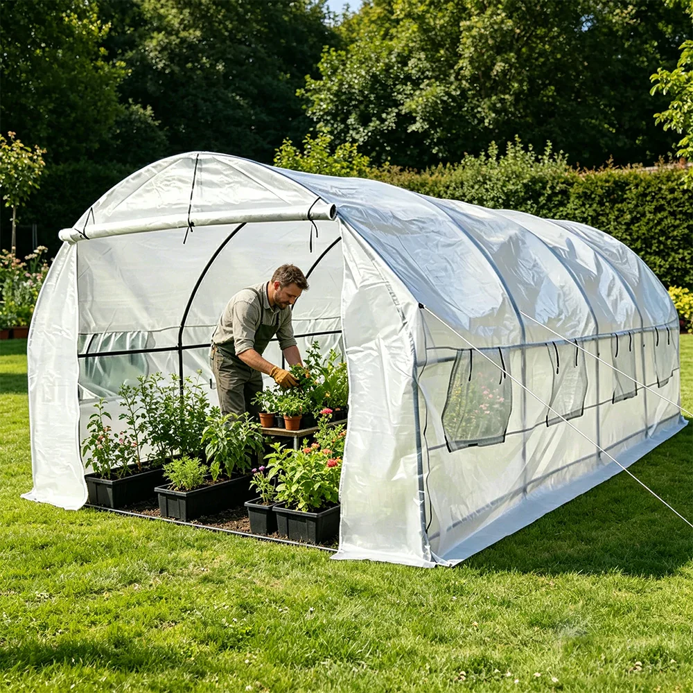 SOLARA Reinforced Outdoor Greenhouse Steel Frame High Light Transmission PE Cover Weatherproof for Garden Backyard Planting - White - Image 5
