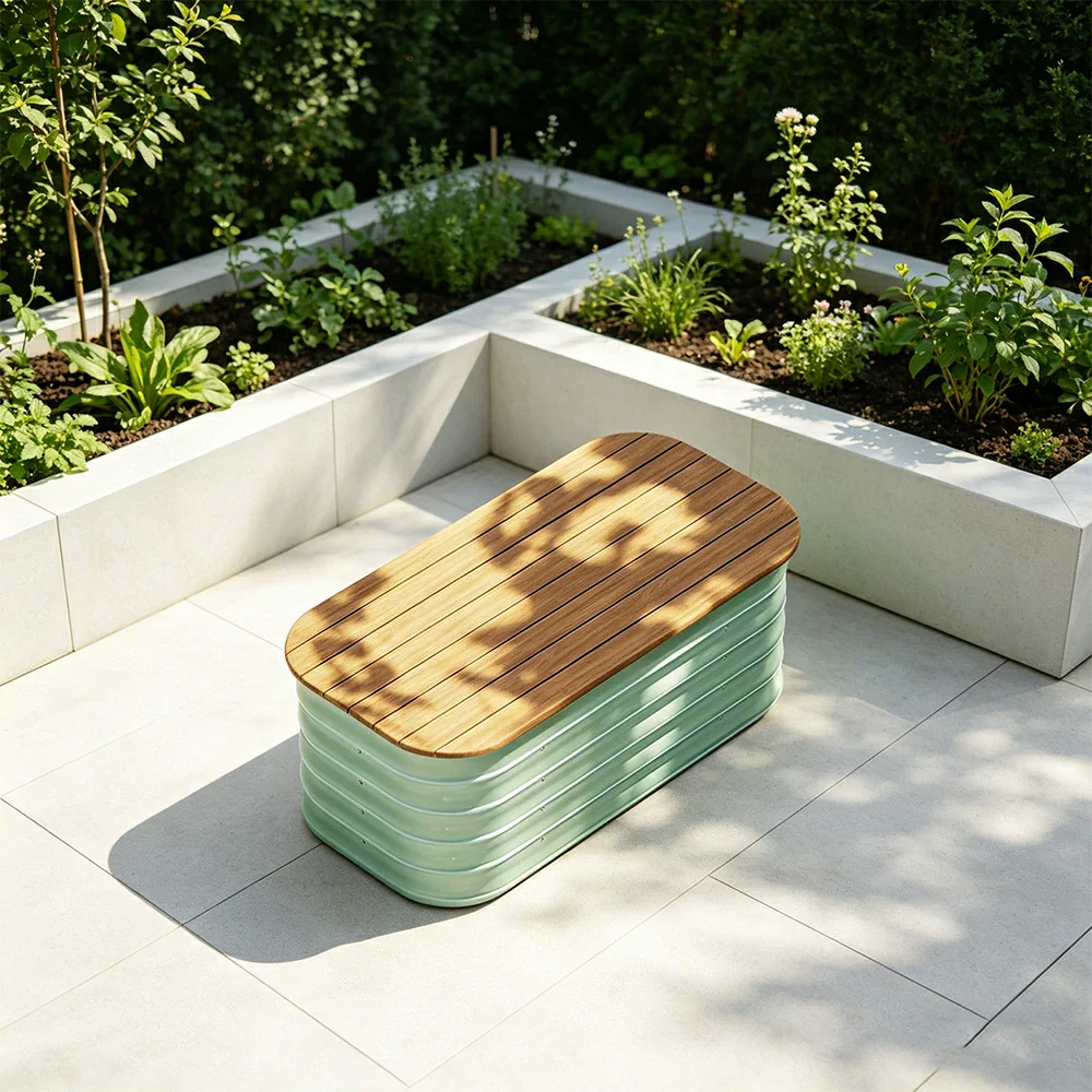 SOLARA Modular Raised Garden Bed with WPC Seat Cover Water Storage Outdoor Planter Box 80x40x43cm for Balcony Patio - Green - Image 2