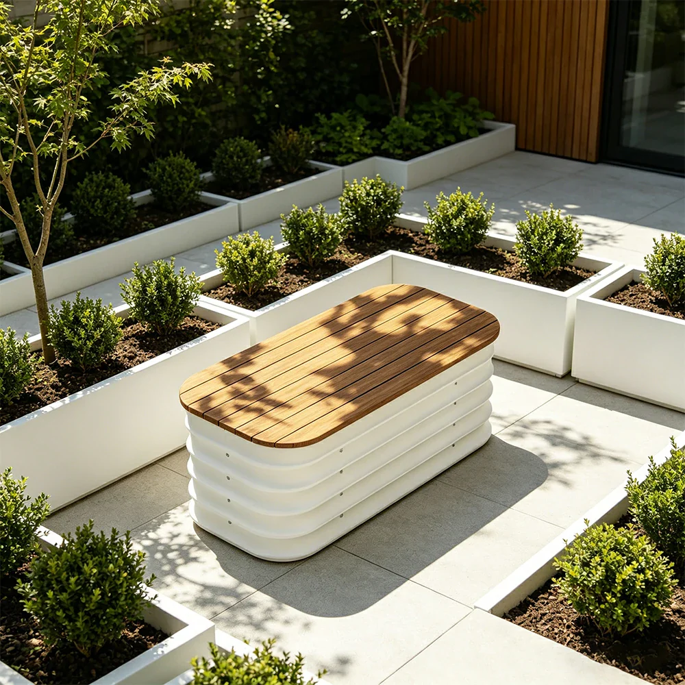 SOLARA Modular Raised Garden Bed with WPC Seat Cover Water Storage Outdoor Planter Box 80x40x43cm for Balcony Patio - White - Image 4