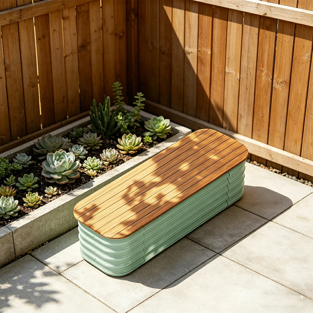 SOLARA Modular Raised Garden Bed with WPC Seat Cover Water Storage Outdoor Planter Box 120x40x43cm for Balcony Patio - Green - Image 2