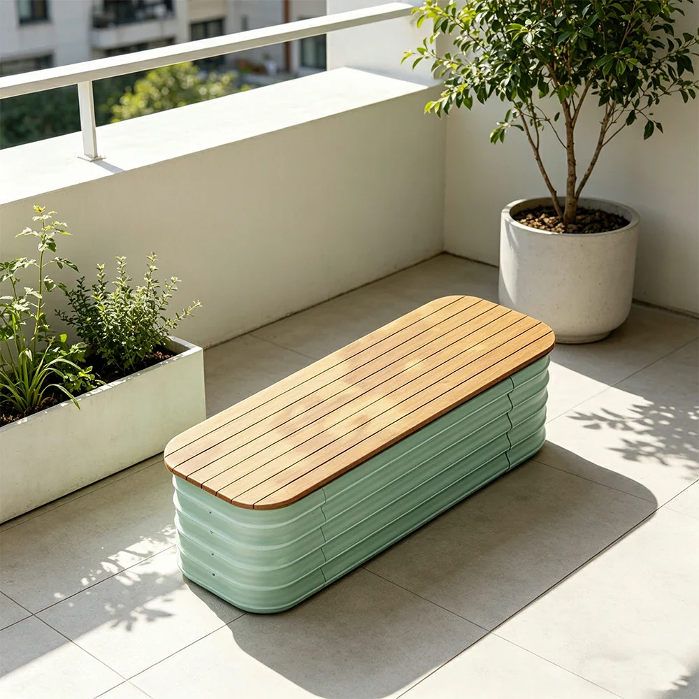 SOLARA Modular Raised Garden Bed with WPC Seat Cover Water Storage Outdoor Planter Box 120x40x43cm for Balcony Patio - Green - Image 4