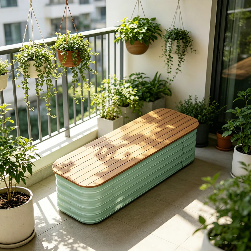 SOLARA Modular Raised Garden Bed with WPC Seat Cover Water Storage Outdoor Planter Box 120x40x43cm for Balcony Patio - Green - Image 5