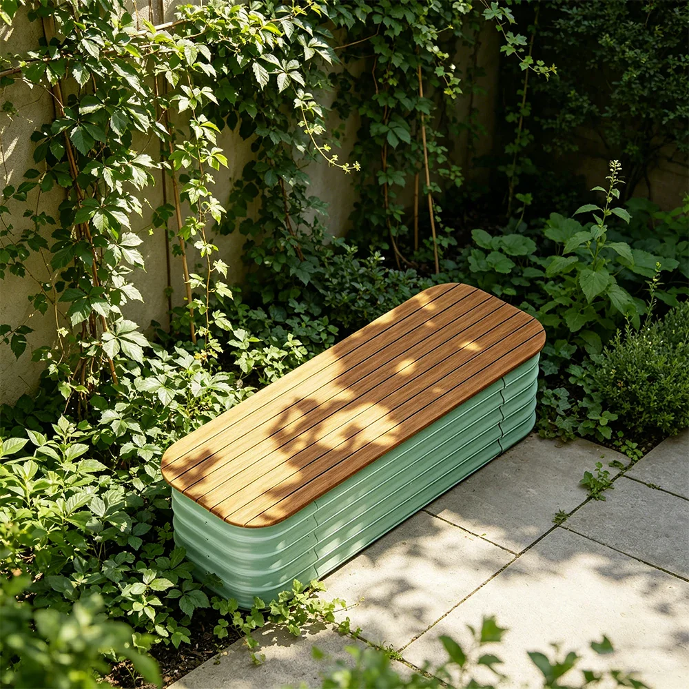 SOLARA Modular Raised Garden Bed with WPC Seat Cover Water Storage Outdoor Planter Box 120x40x43cm for Balcony Patio - Green - Image 6