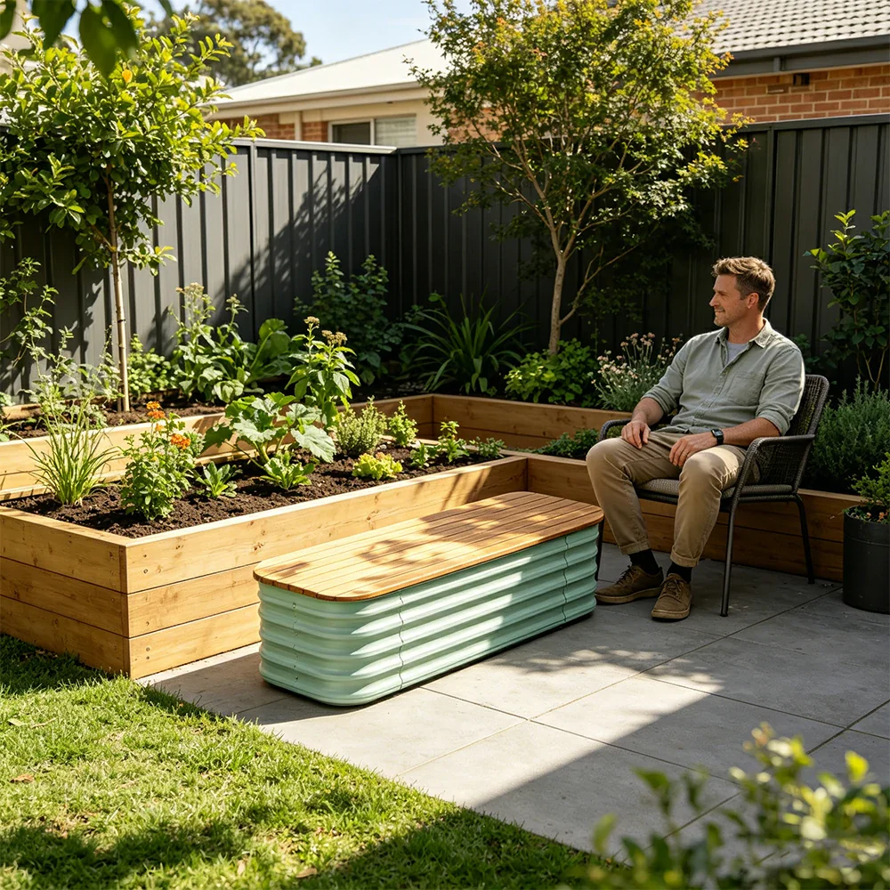 SOLARA Modular Raised Garden Bed with WPC Seat Cover Water Storage Outdoor Planter Box 120x40x43cm for Balcony Patio - Green - Image 7