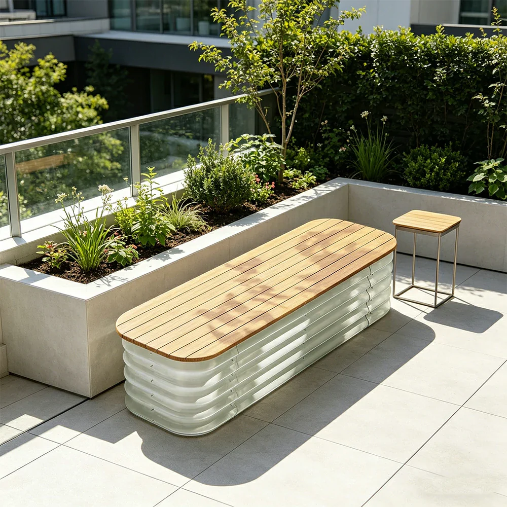 SOLARA Modular Raised Garden Bed with WPC Seat Cover Water Storage Outdoor Planter Box 120x40x43cm for Balcony Patio - White - Image 6