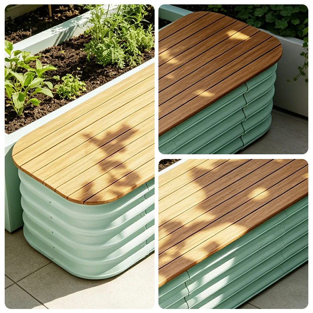 SOLARA Modular Raised Garden Bed with WPC Seat Cover Water Storage Outdoor Planter Box 160x40x43cm for Balcony Patio - Green - Image 3