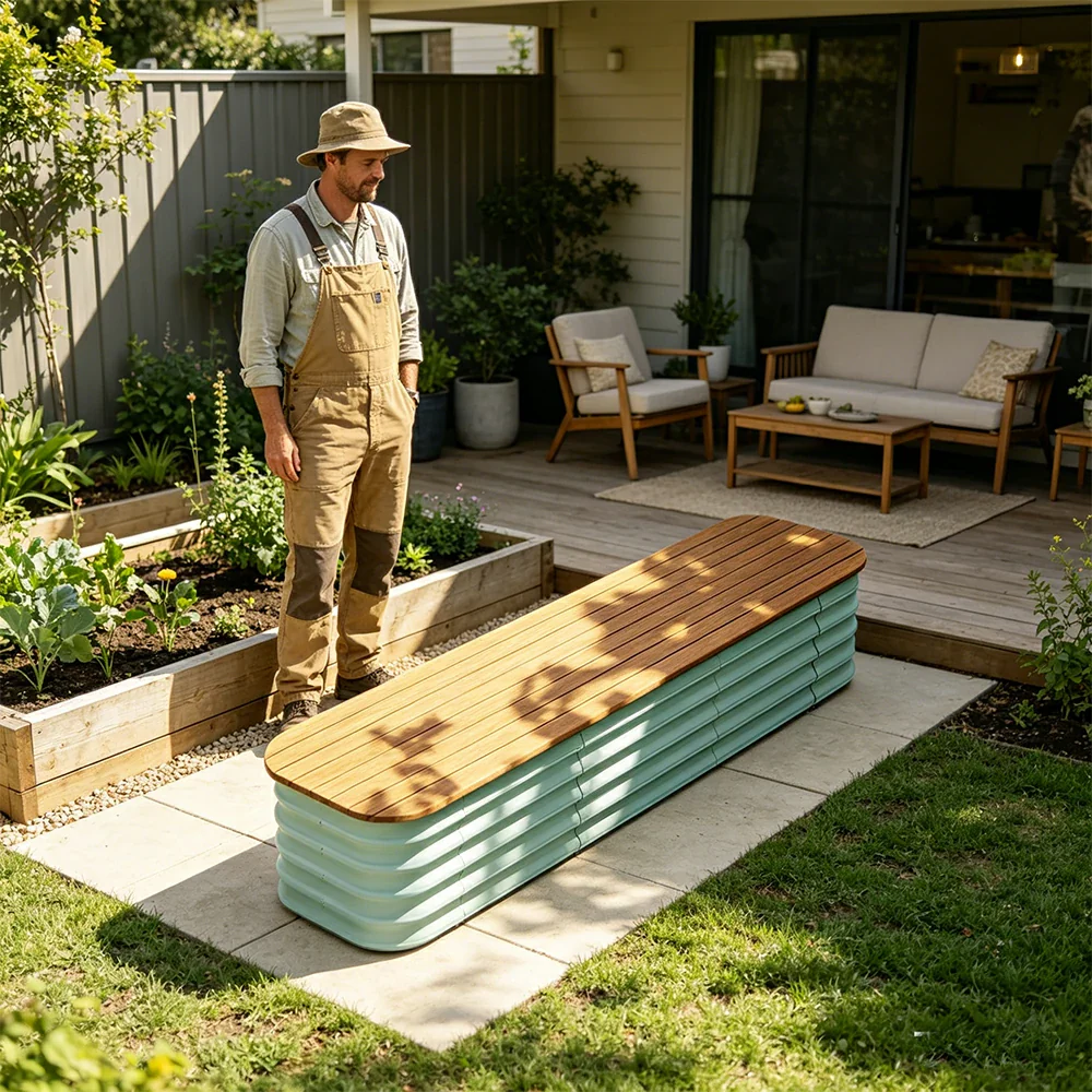 SOLARA Modular Raised Garden Bed with WPC Seat Cover Water Storage Outdoor Planter Box 160x40x43cm for Balcony Patio - Green - Image 7