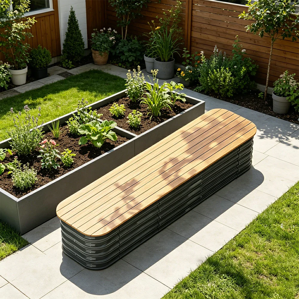SOLARA Modular Raised Garden Bed with WPC Seat Cover Water Storage Outdoor Planter Box 160x40x43cm for Balcony Patio - Grey - Image 2