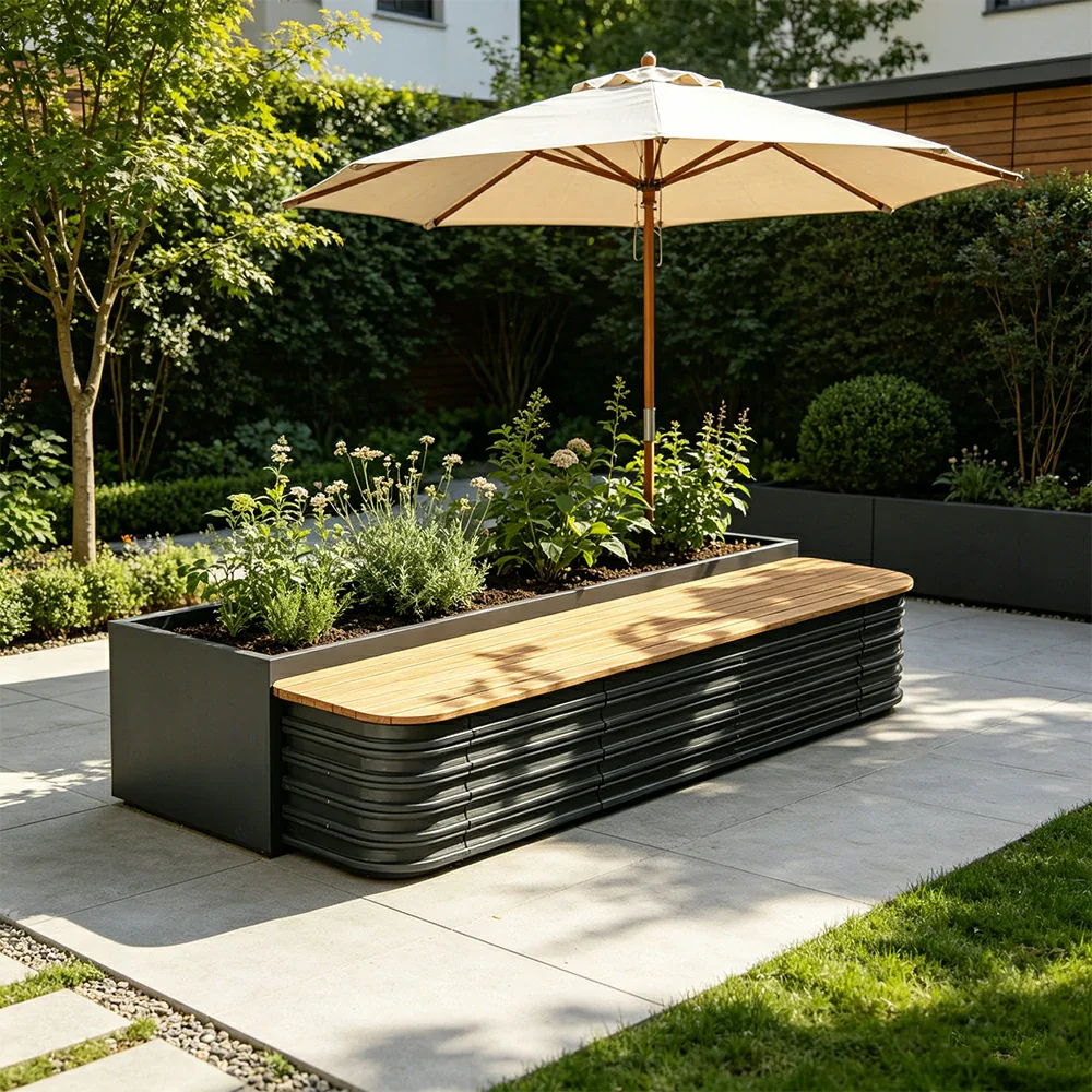 SOLARA Modular Raised Garden Bed with WPC Seat Cover Water Storage Outdoor Planter Box 160x40x43cm for Balcony Patio - Grey - Image 4