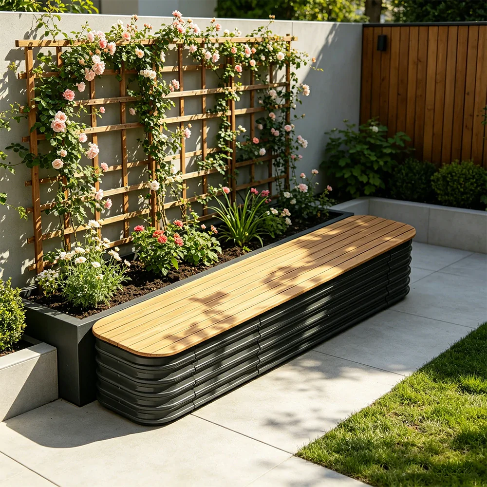 SOLARA Modular Raised Garden Bed with WPC Seat Cover Water Storage Outdoor Planter Box 160x40x43cm for Balcony Patio - Grey - Image 5