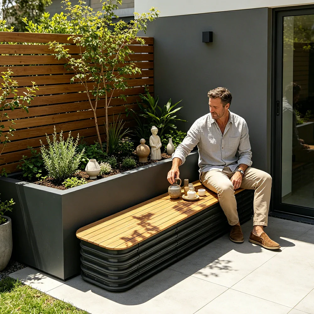 SOLARA Modular Raised Garden Bed with WPC Seat Cover Water Storage Outdoor Planter Box 160x40x43cm for Balcony Patio - Grey - Image 7