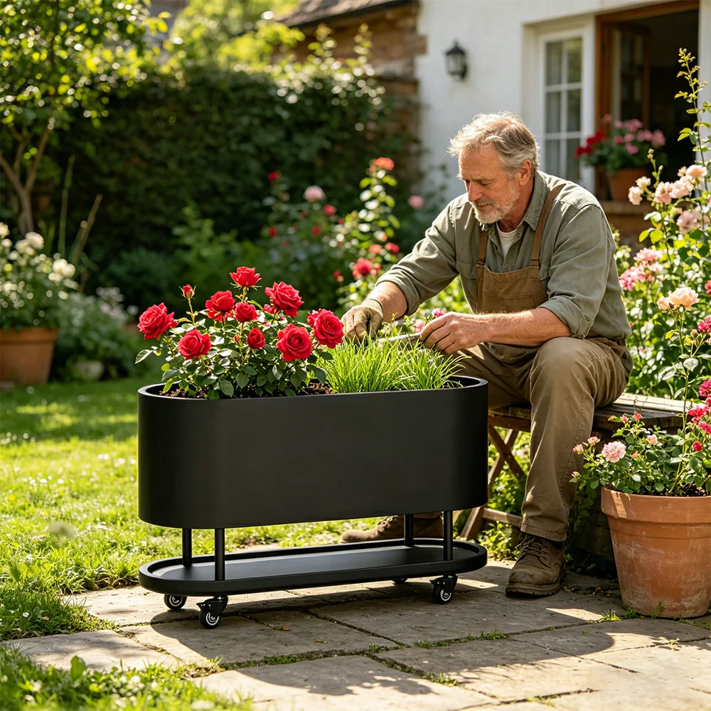 SOLARA Mobile Planter Box with Stainless Steel Frame Leak-Proof Rolling Garden Bed 80/100/120cm for Indoor Outdoor - Black - Image 5