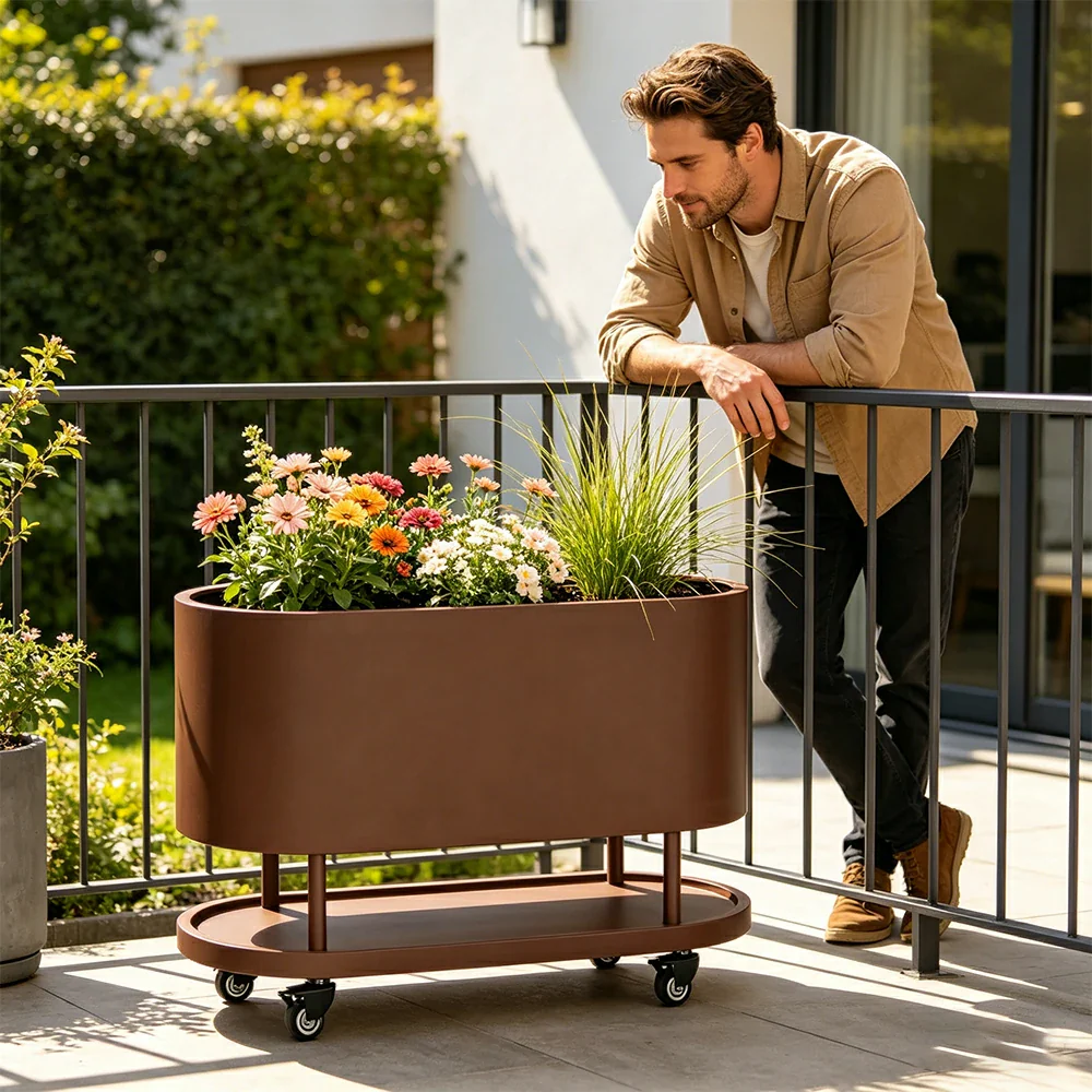 SOLARA Mobile Planter Box with Stainless Steel Frame Leak-Proof Rolling Garden Bed 80/100/120cm for Indoor Outdoor - Brown - Image 4