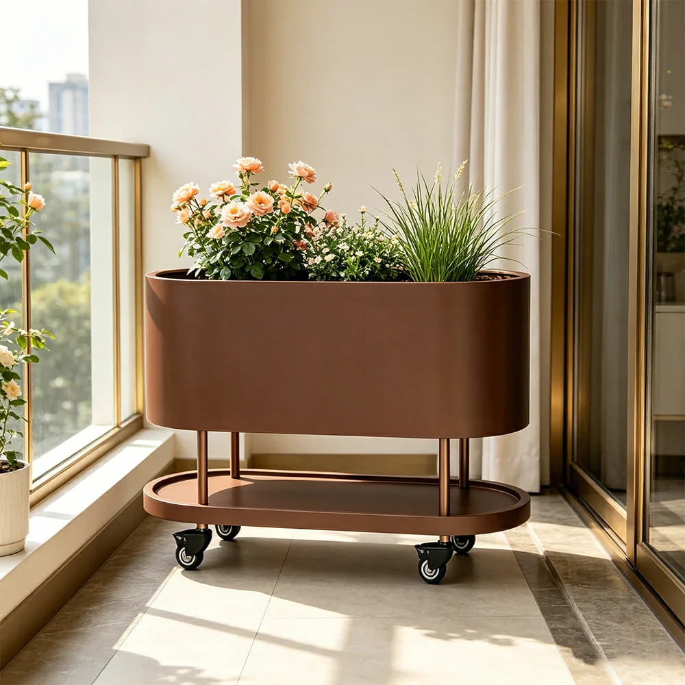 SOLARA Mobile Planter Box with Stainless Steel Frame Leak-Proof Rolling Garden Bed 80/100/120cm for Indoor Outdoor - Brown - Image 5