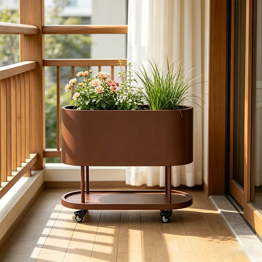 SOLARA Mobile Planter Box with Stainless Steel Frame Leak-Proof Rolling Garden Bed 80/100/120cm for Indoor Outdoor - Brown - Image 6