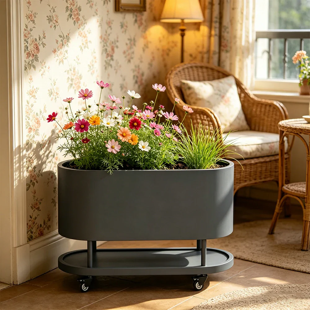 SOLARA Mobile Planter Box with Stainless Steel Frame Leak-Proof Rolling Garden Bed 80/100/120cm for Indoor Outdoor - Grey - Image 5
