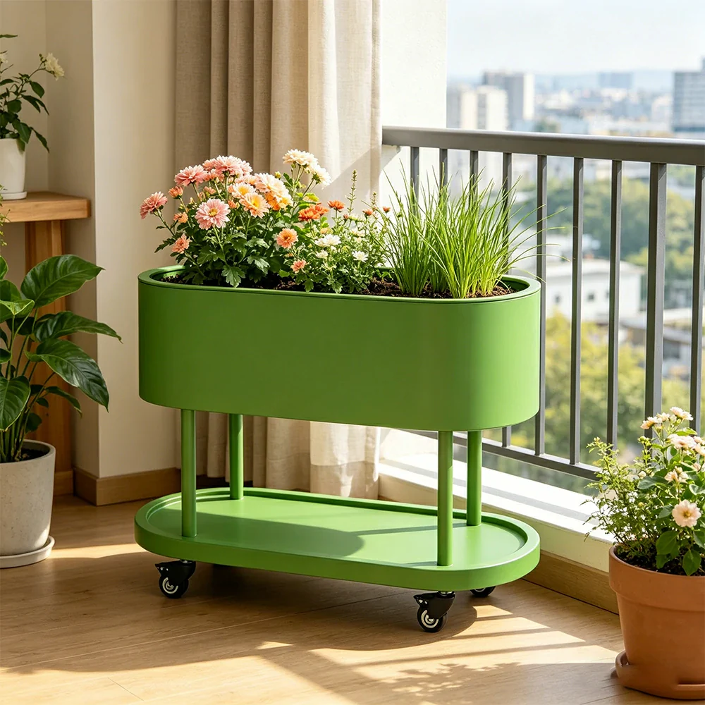 SOLARA Mobile Planter Box with Stainless Steel Frame Leak-Proof Rolling Garden Bed 80/100/120cm for Indoor Outdoor - Green - Image 5