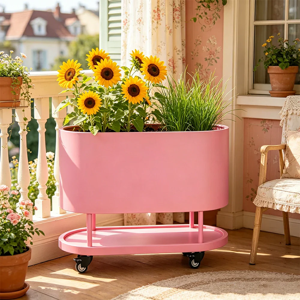SOLARA Mobile Planter Box with Stainless Steel Frame Leak-Proof Rolling Garden Bed 80/100/120cm for Indoor Outdoor - Pink - Image 4