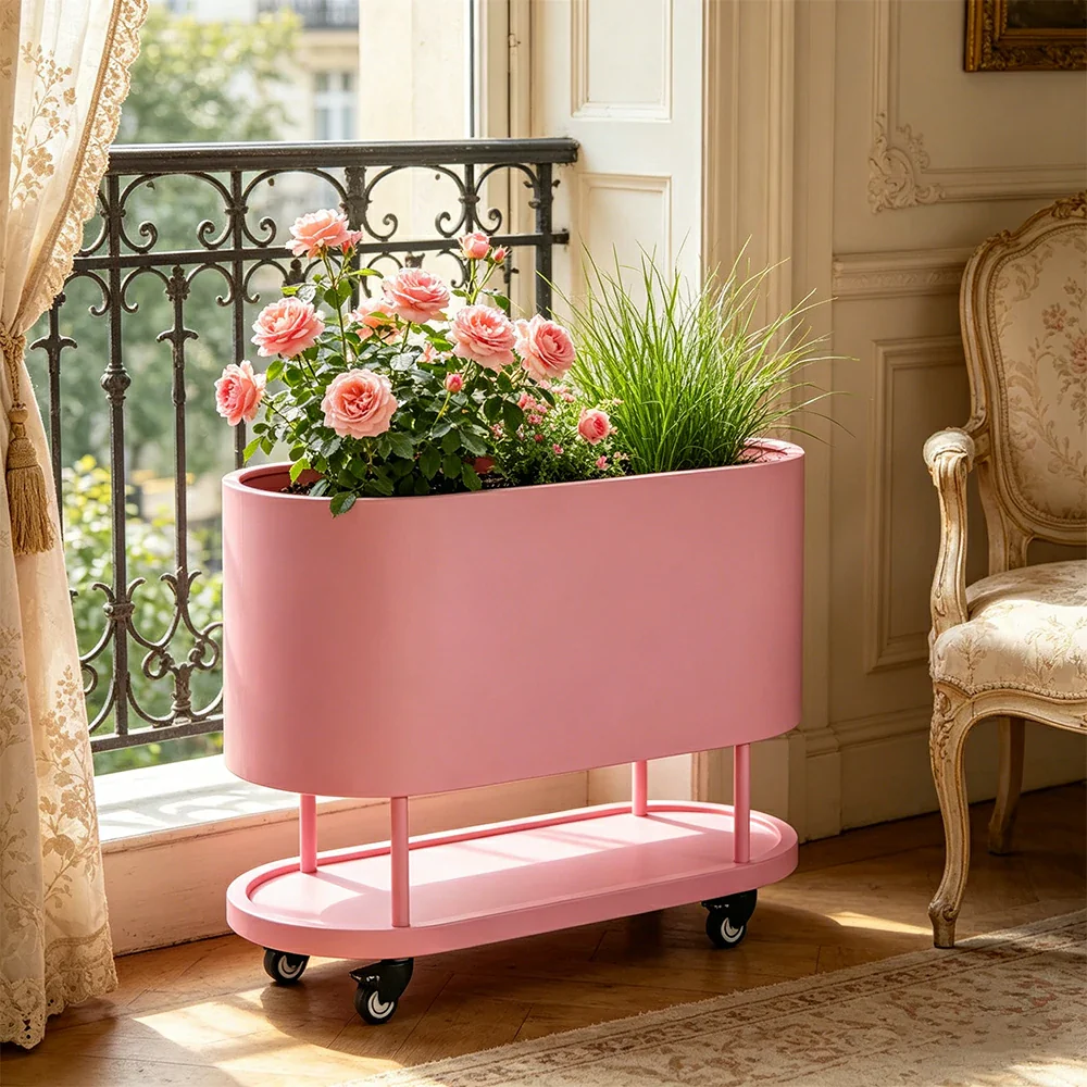 SOLARA Mobile Planter Box with Stainless Steel Frame Leak-Proof Rolling Garden Bed 80/100/120cm for Indoor Outdoor - Pink - Image 5