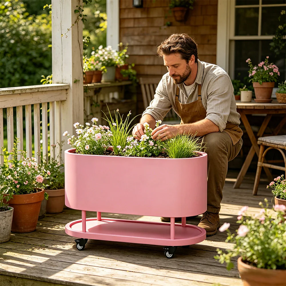 SOLARA Mobile Planter Box with Stainless Steel Frame Leak-Proof Rolling Garden Bed 80/100/120cm for Indoor Outdoor - Pink - Image 6