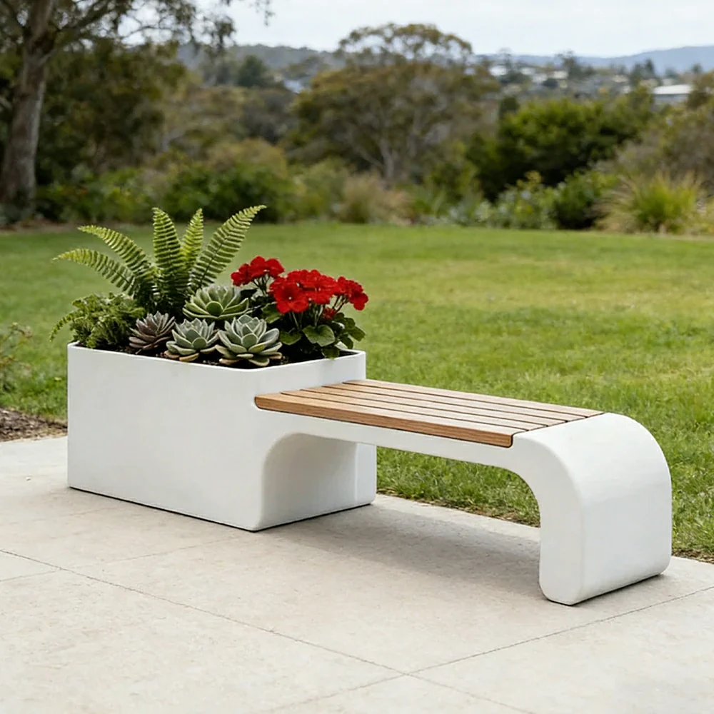 SOLARA 120/150/180cm Outdoor Planter Bench Set Metal Planter Box with Solid Wood Seat for Balcony Patio Commercial Space - White - Image 2