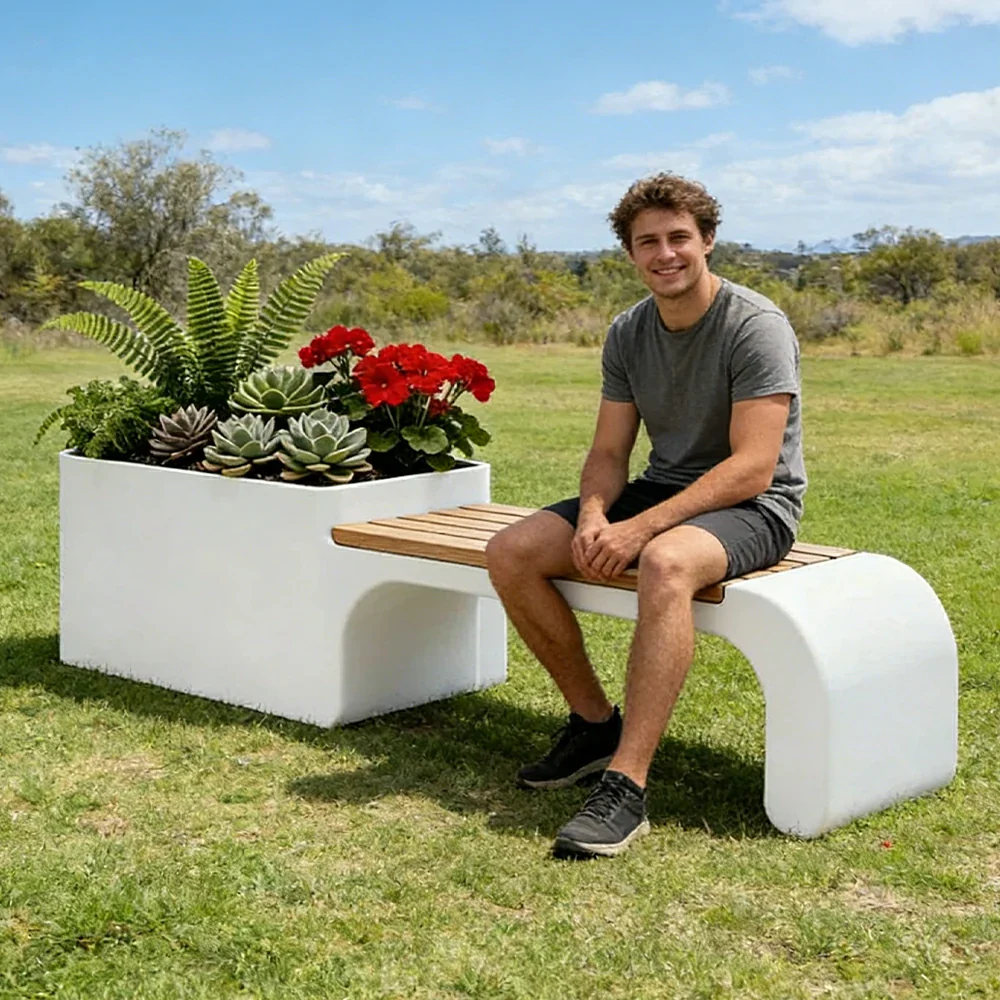 SOLARA 120/150/180cm Outdoor Planter Bench Set Metal Planter Box with Solid Wood Seat for Balcony Patio Commercial Space - White - Image 5