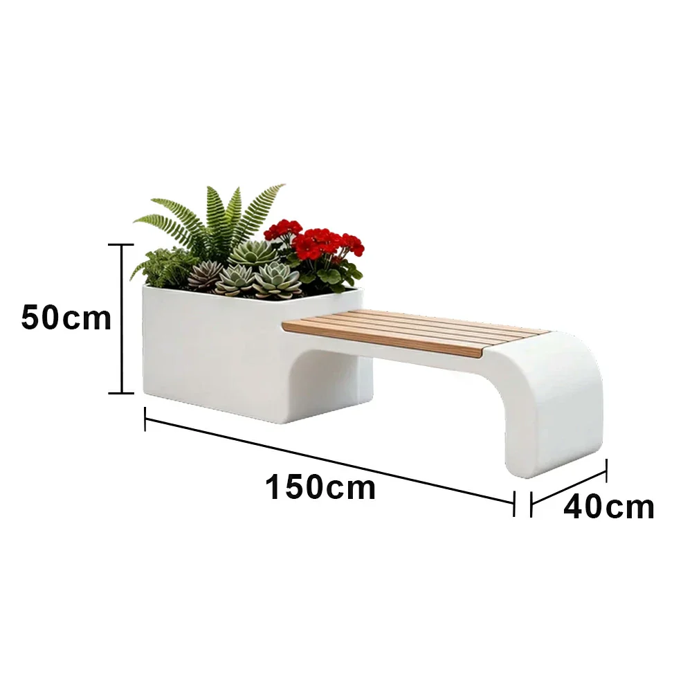 SOLARA 120/150/180cm Outdoor Planter Bench Set Metal Planter Box with Solid Wood Seat for Balcony Patio Commercial Space - White - Image 7