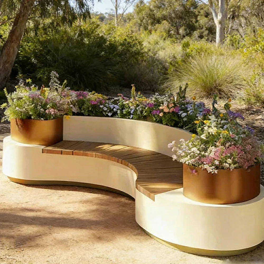 SOLARA 240/260/280cm Integrated Planter Bench Thick Metal Frame with Curved Design for Commercial Street Park Cafe - Image 2
