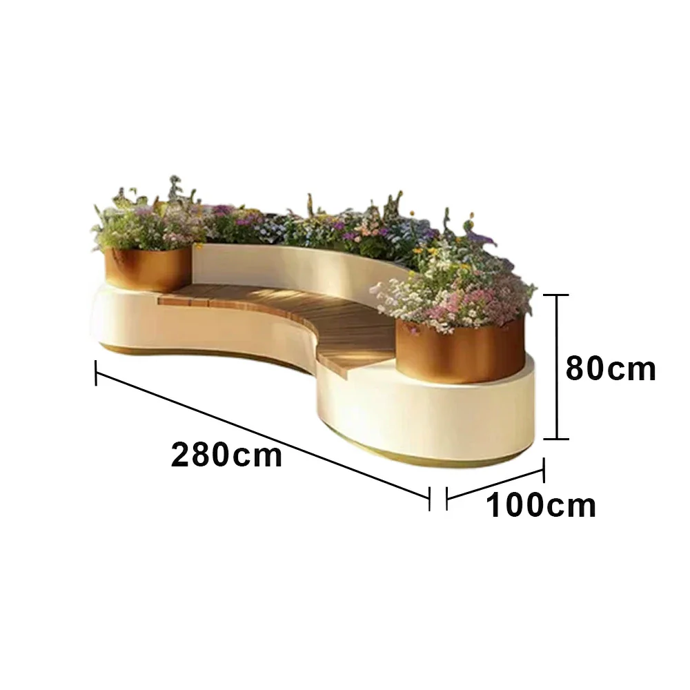 SOLARA 240/260/280cm Integrated Planter Bench Thick Metal Frame with Curved Design for Commercial Street Park Cafe - Image 8