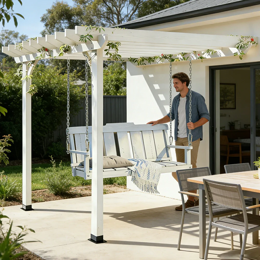 SOLARA Wall Mounted Swing Gazebo Finnish Solid Wood with Double Seat for Garden Patio Relaxation - White - Image 5