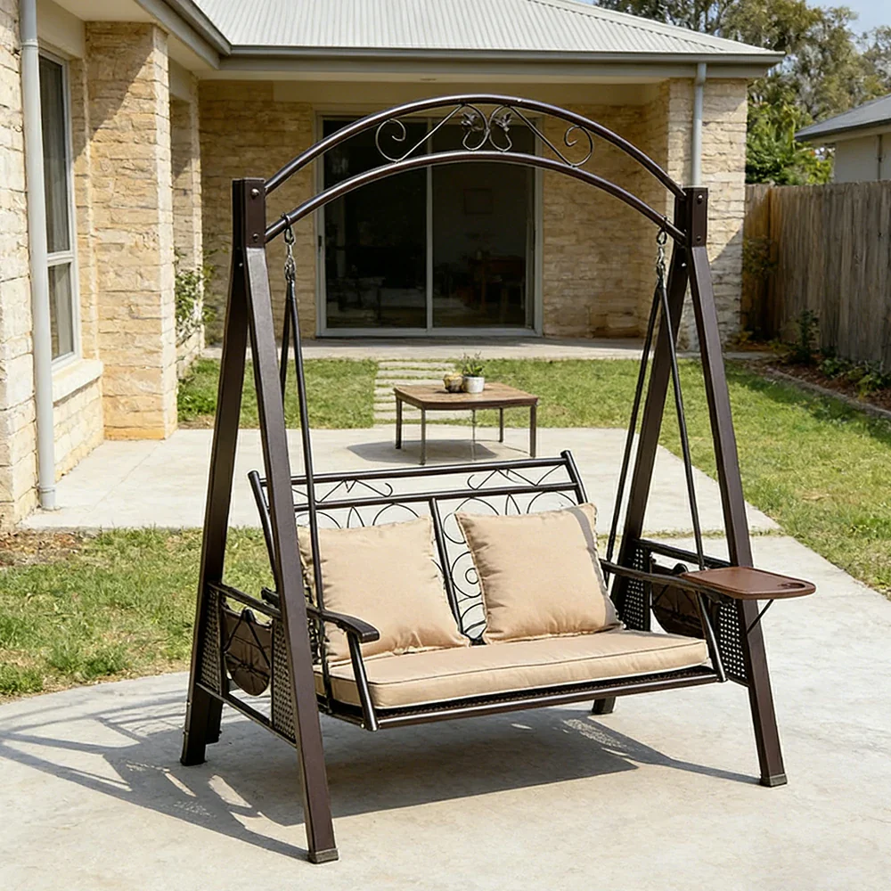 SOLARA Outdoor Double Swing Chair Alloy Steel Frame Heavy Duty Garden Patio Bench with Cushions for Backyard Balcony - Brown - Image 4