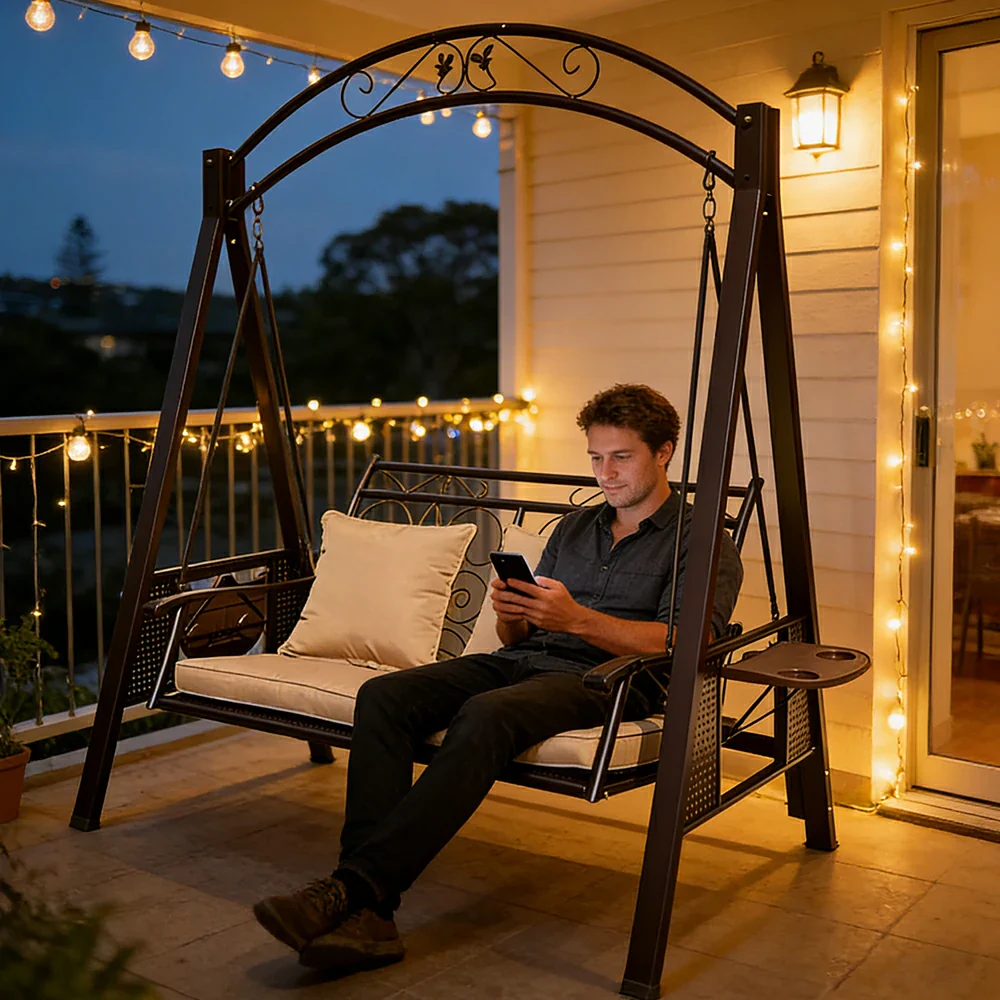 SOLARA Outdoor Double Swing Chair Alloy Steel Frame Heavy Duty Garden Patio Bench with Cushions for Backyard Balcony - Brown - Image 5