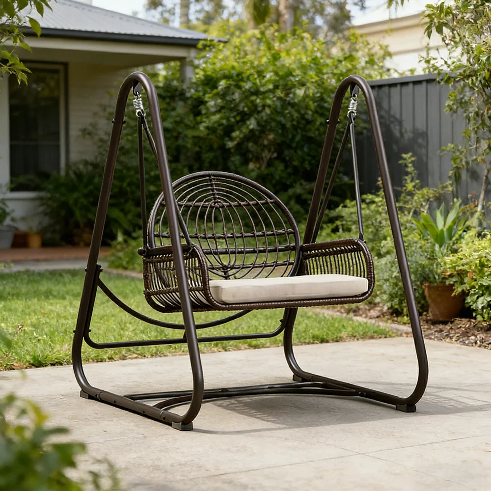 SOLARA Outdoor Rattan Swing Chair PE Wicker Breathable Seat Spring Suspension Steel Frame for Garden Patio Balcony - Black - Image 2