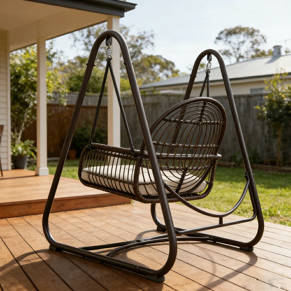SOLARA Outdoor Rattan Swing Chair PE Wicker Breathable Seat Spring Suspension Steel Frame for Garden Patio Balcony - Black - Image 4
