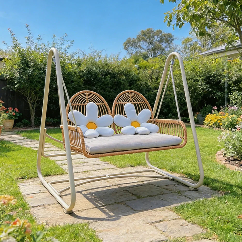 SOLARA Outdoor Double Rattan Swing Chair PE Wicker Breathable Seat Spring Suspension Steel Frame for Garden Patio Balcony - Beige - Image 2