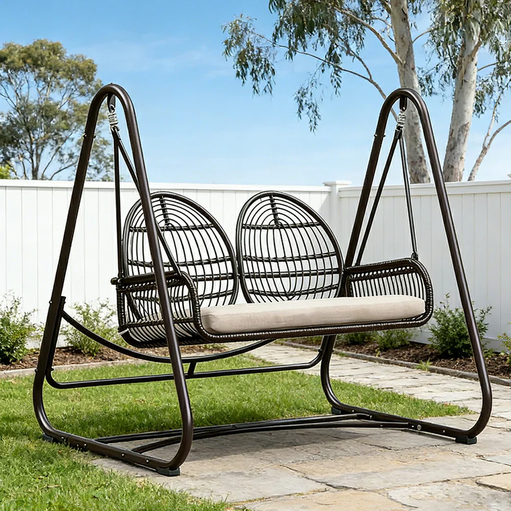 SOLARA Outdoor Double Rattan Swing Chair PE Wicker Breathable Seat Spring Suspension Steel Frame for Garden Patio Balcony - Black - Image 2
