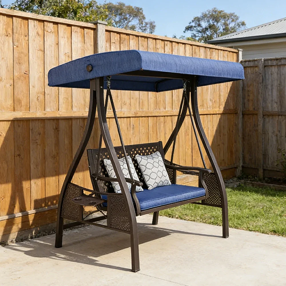 SOLARA Outdoor Canopy Swing Chair Galvanised Steel Frame Adjustable Sunshade for Garden Patio Backyard - Blue - Image 2