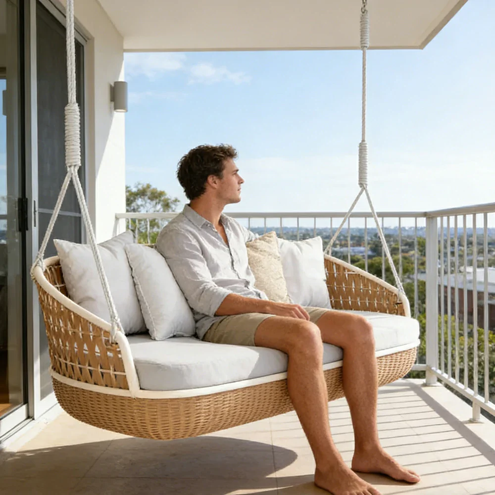 SOLARA Rattan Hanging Double Chair PE Wicker Breathable Seat Alloy Frame Hanging Rope for Balcony Patio Garden Indoor - Wood - Image 5