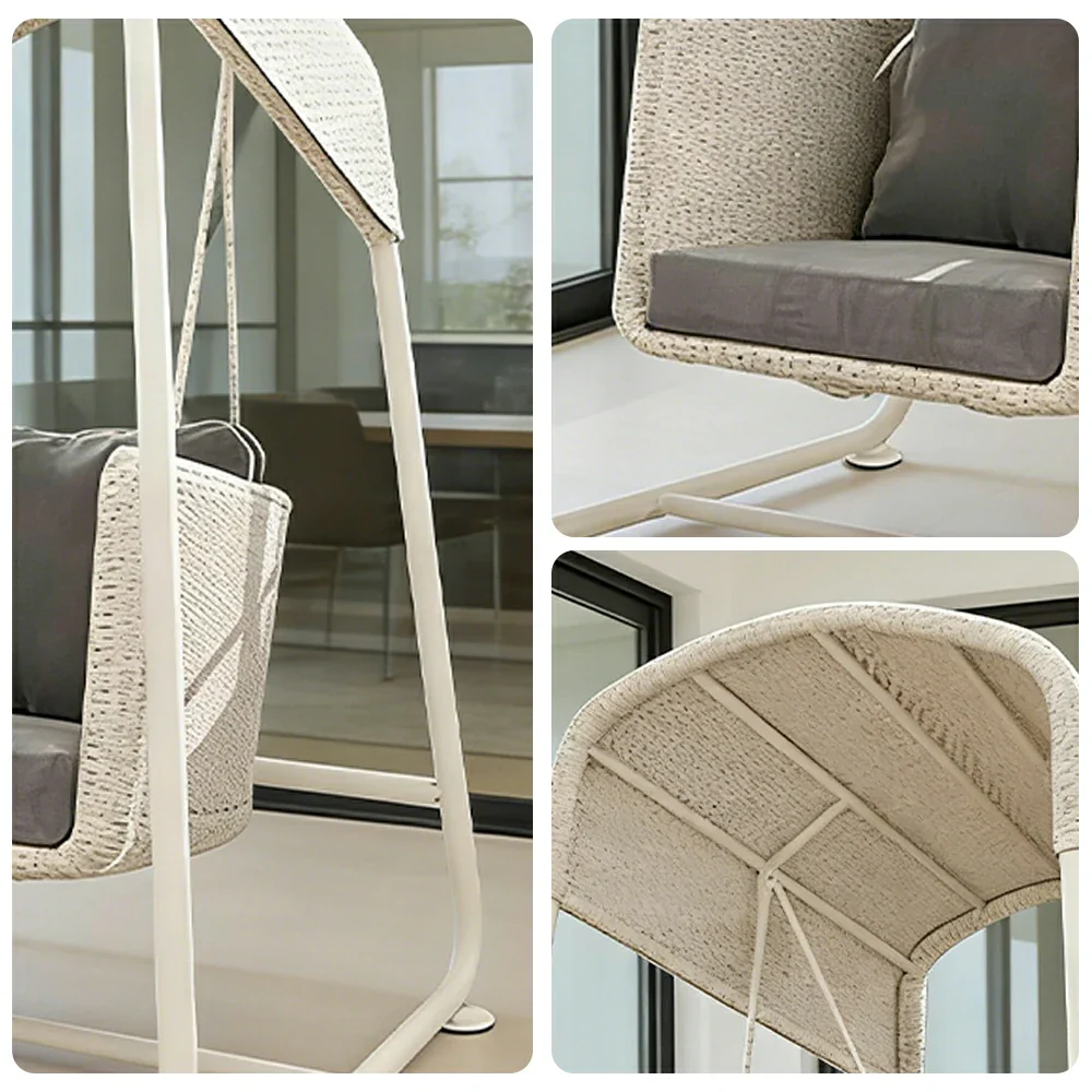 SOLARA Outdoor Swing Chair Aluminium Frame Handwoven Backrest Canopy Cushioned Seat for Garden Patio Balcony - White - Image 3