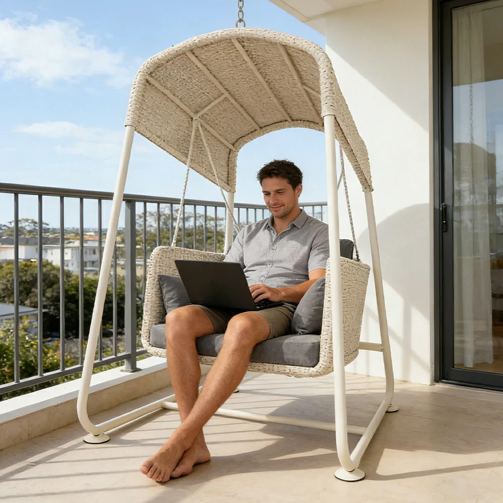 SOLARA Outdoor Swing Chair Aluminium Frame Handwoven Backrest Canopy Cushioned Seat for Garden Patio Balcony - White - Image 5