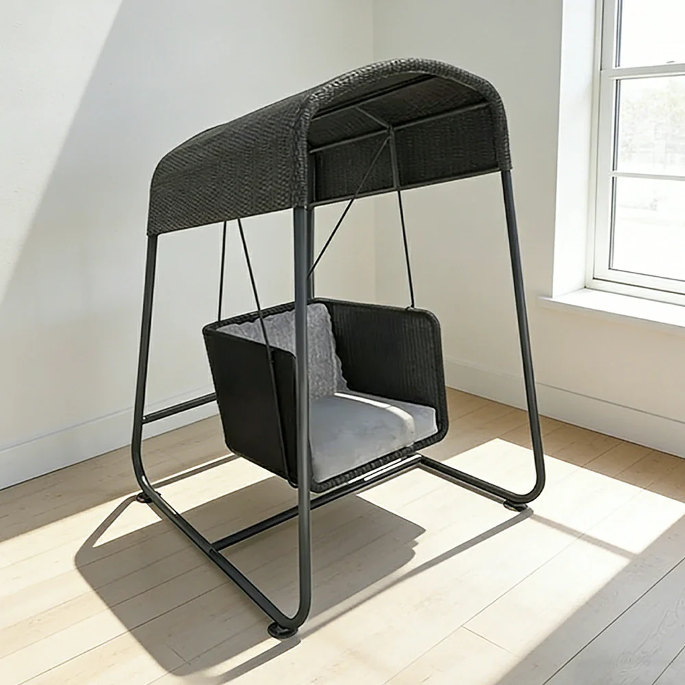 SOLARA Outdoor Swing Chair Aluminium Frame Handwoven Backrest Canopy Cushioned Seat for Garden Patio Balcony - Black - Image 2