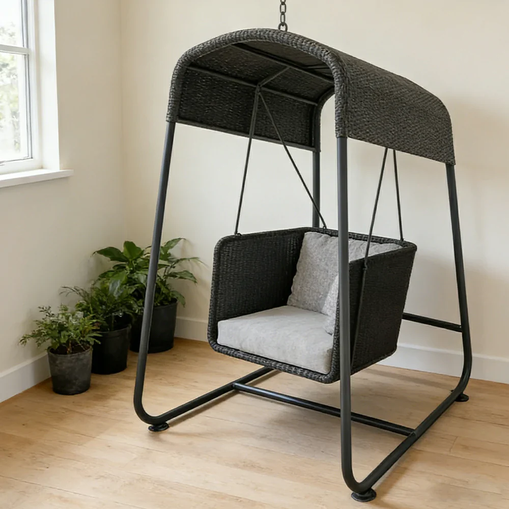 SOLARA Outdoor Swing Chair Aluminium Frame Handwoven Backrest Canopy Cushioned Seat for Garden Patio Balcony - Black - Image 4