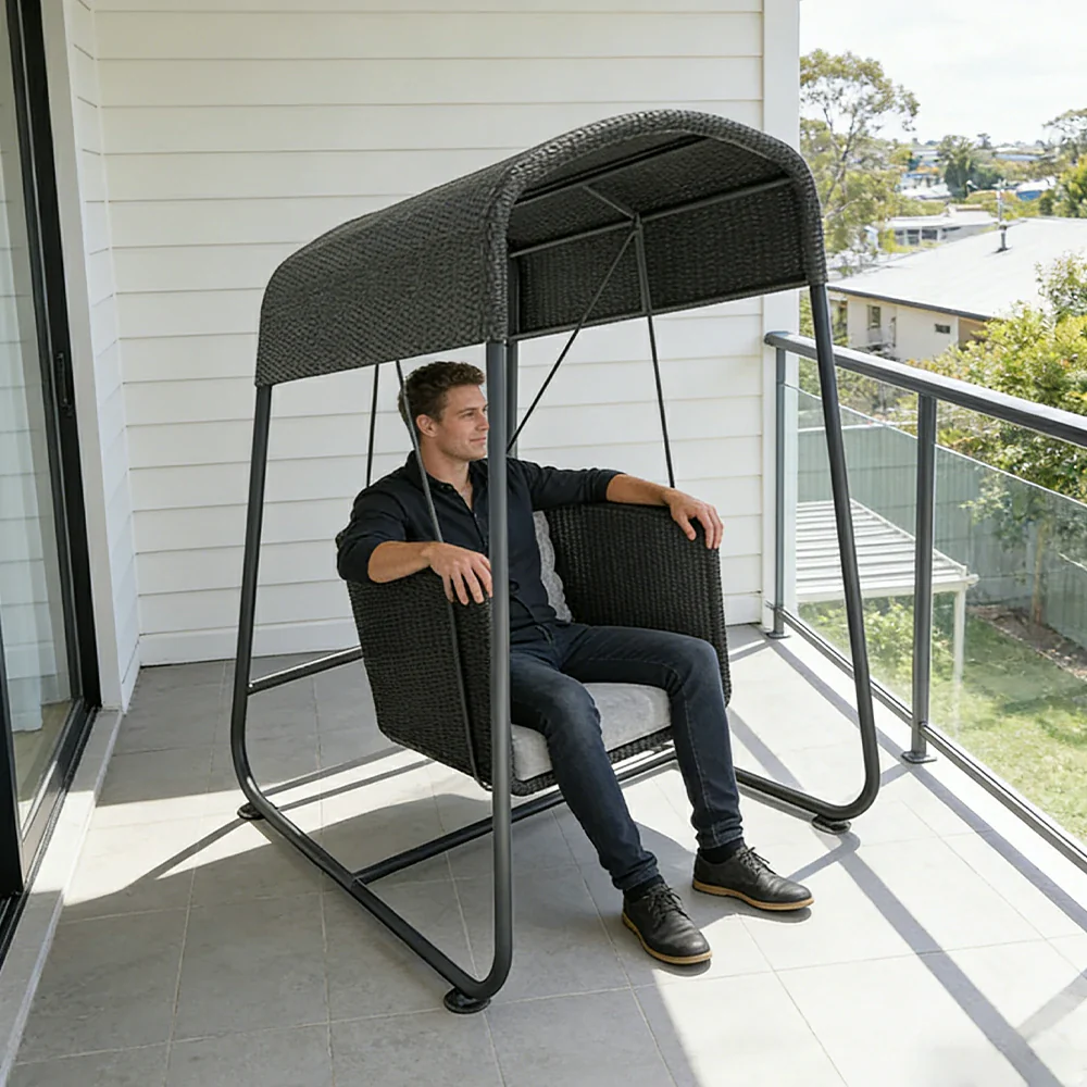 SOLARA Outdoor Swing Chair Aluminium Frame Handwoven Backrest Canopy Cushioned Seat for Garden Patio Balcony - Black - Image 5