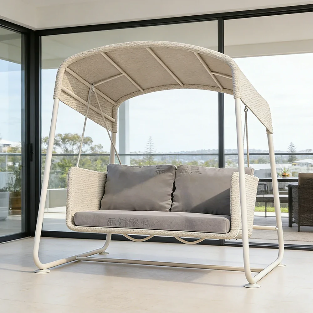 SOLARA Outdoor Double Swing Chair Aluminium Frame Handwoven Backrest Canopy Cushioned Seat for Garden Patio Balcony - White - Image 2