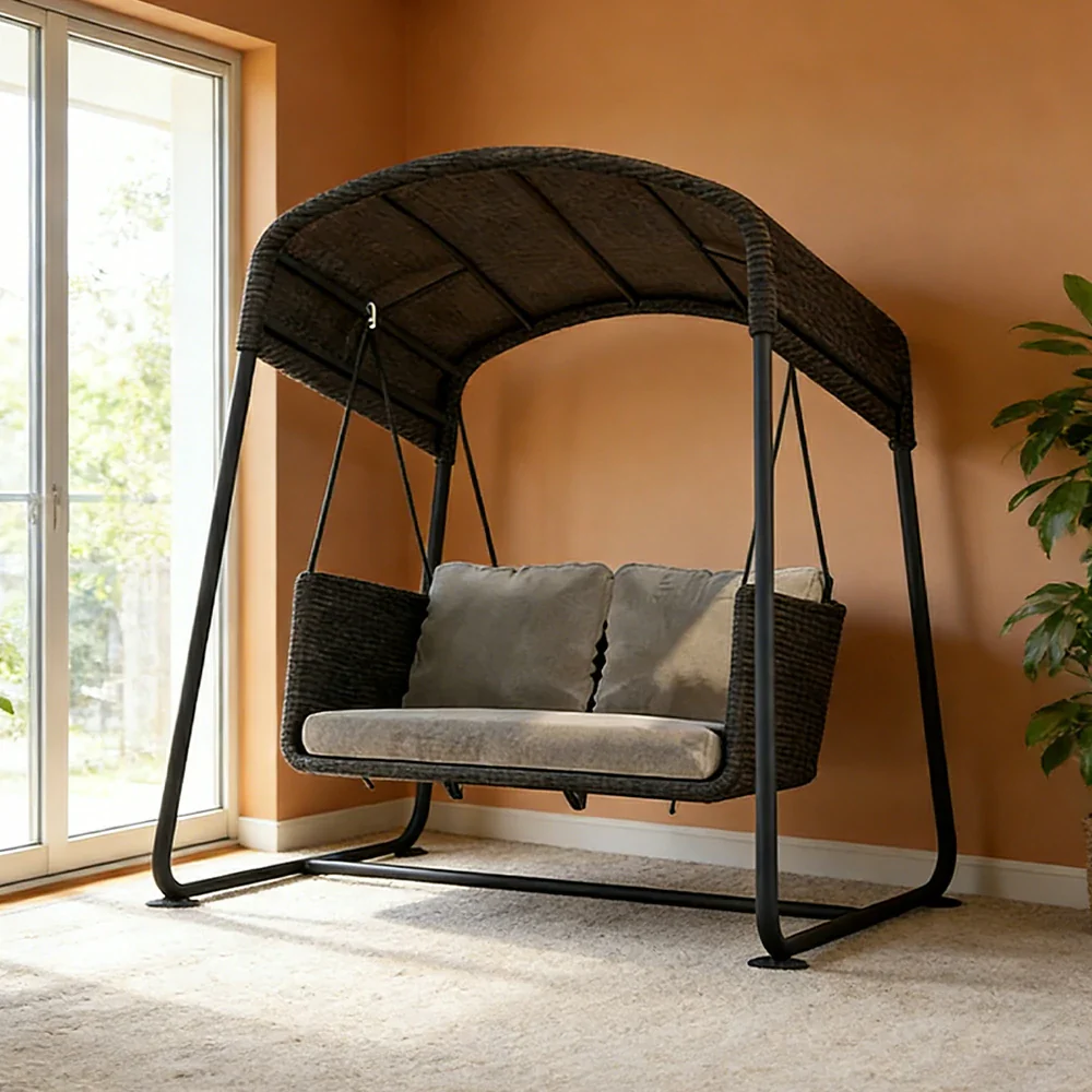 SOLARA Outdoor Double Swing Chair Aluminium Frame Handwoven Backrest Canopy Cushioned Seat for Garden Patio Balcony - Black - Image 2