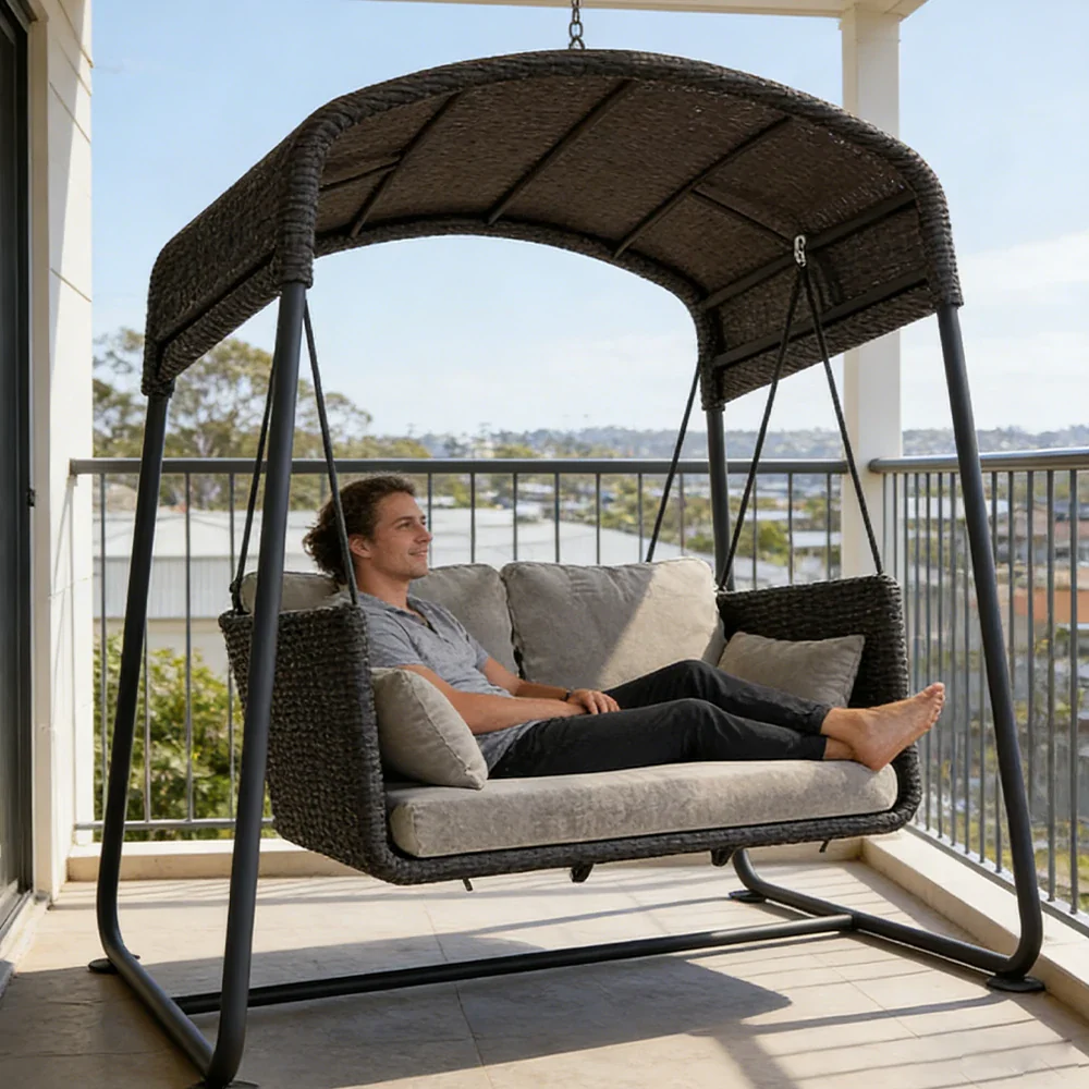 SOLARA Outdoor Double Swing Chair Aluminium Frame Handwoven Backrest Canopy Cushioned Seat for Garden Patio Balcony - Black - Image 5