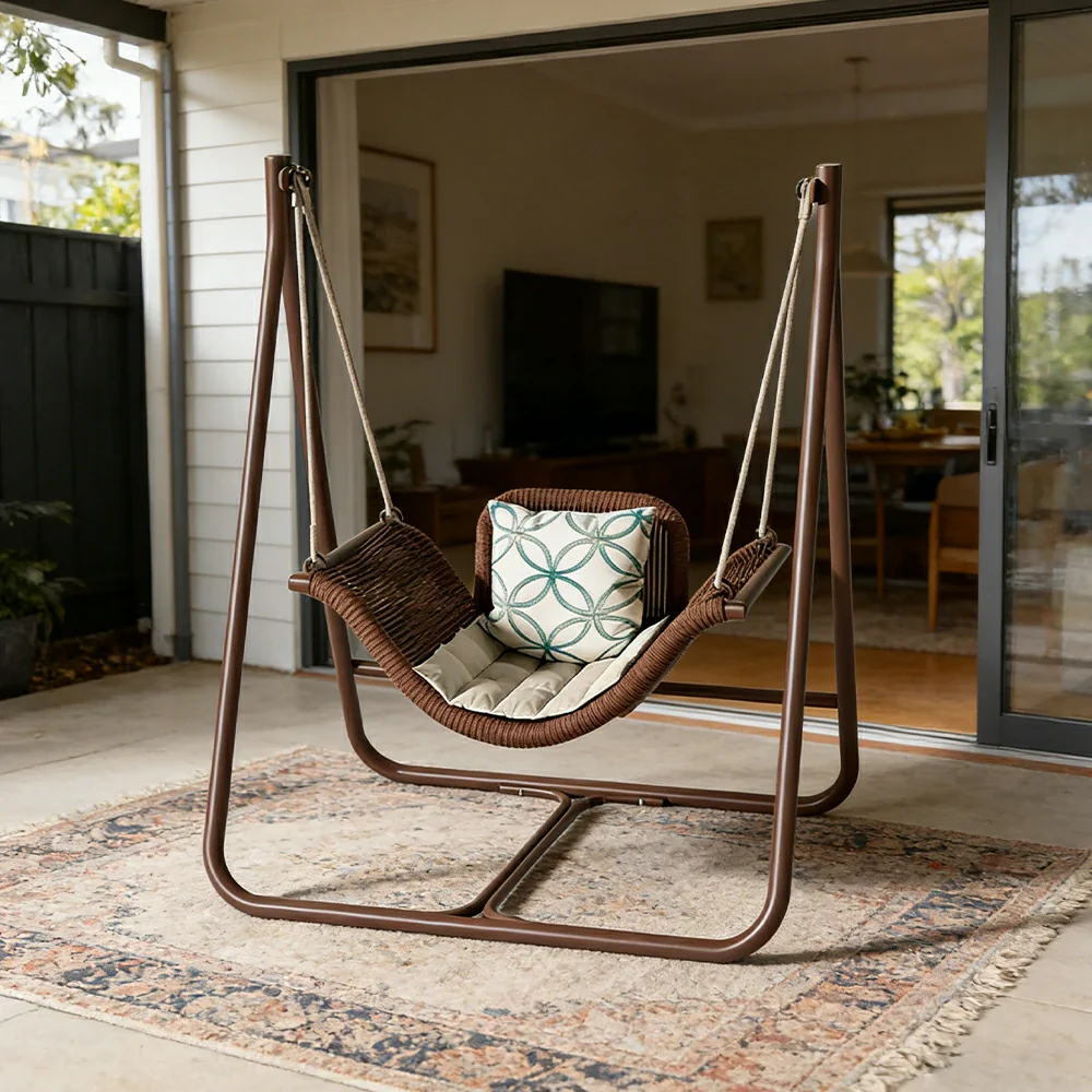 SOLARA Outdoor Hanging Swing Chair Wood Grain Aluminium Frame PE Rattan Seat for Garden Patio Balcony - Coffee - Image 2