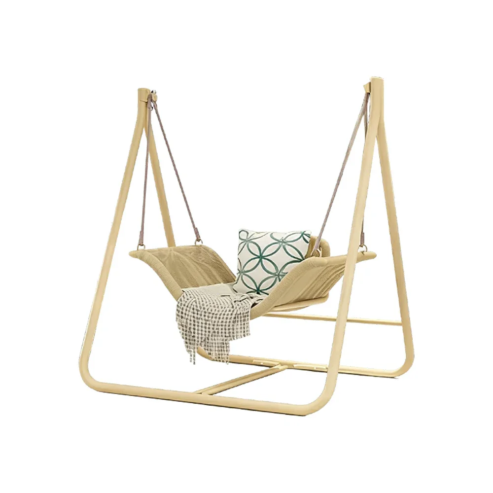 SOLARA Outdoor Hanging Swing Chair Wood Grain Aluminium Frame PE Rattan Seat for Garden Patio Balcony - Khaki